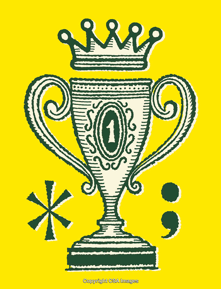 Vintage Line Art Trophy with Symbols on Yellow Background