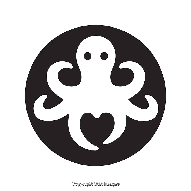 Minimalist Octopus Icon Design with Heart Detail in Black and White