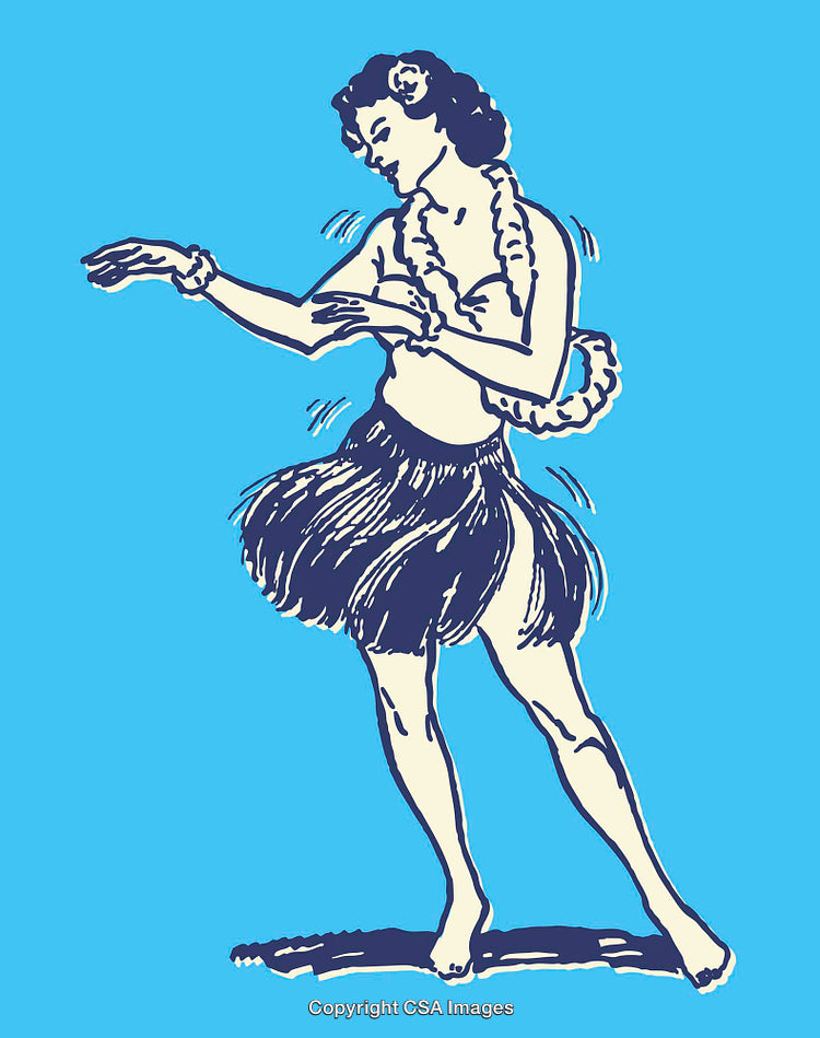 Colorful Illustration of a Hula Dancer with Tropical Decor and Style