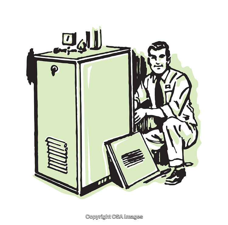 Technician Performing Maintenance on a Heating System in a Retro Style Illustration