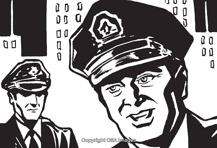 Retro Black-and-White Illustration of Policemen in Uniform with Urban Background