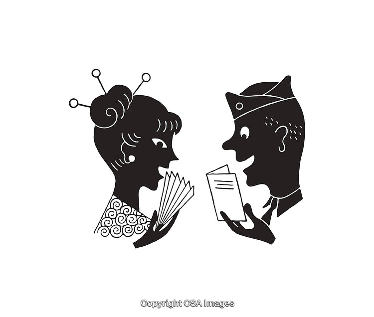 Retro Black and White Line Art of Two Characters Reading Books and Letters