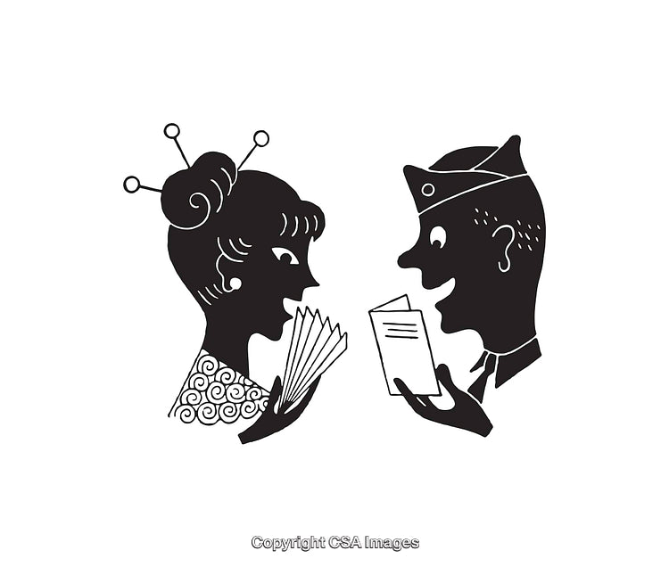 Retro Black and White Line Art of Two Characters Reading Books and Letters
