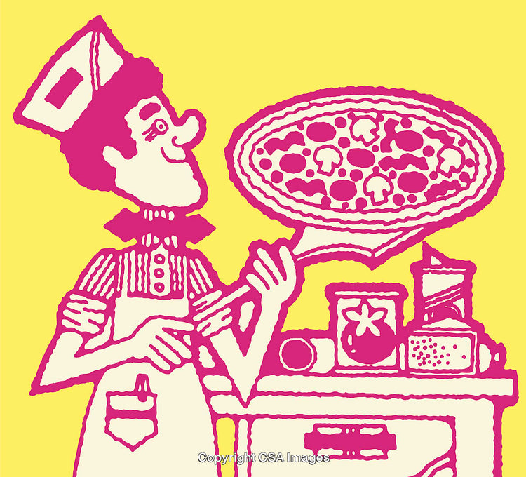 Chef Presenting Freshly Made Pizza in Vintage Style Line Art Illustration