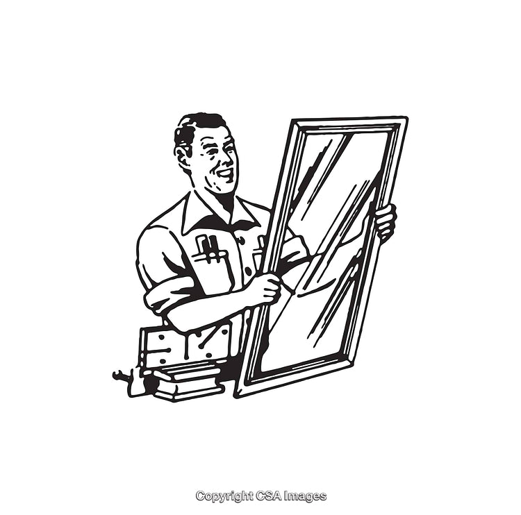 Retro Black And White Illustration of a Worker Holding a Glass Pane