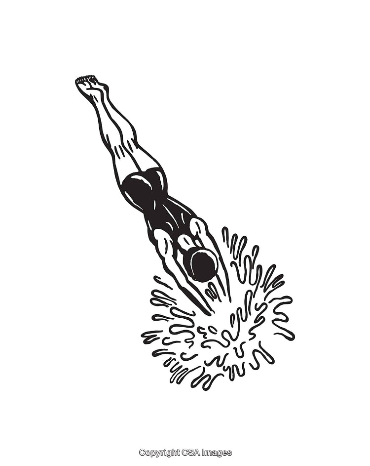 Black and White Illustration of a Diver Splashes into Water