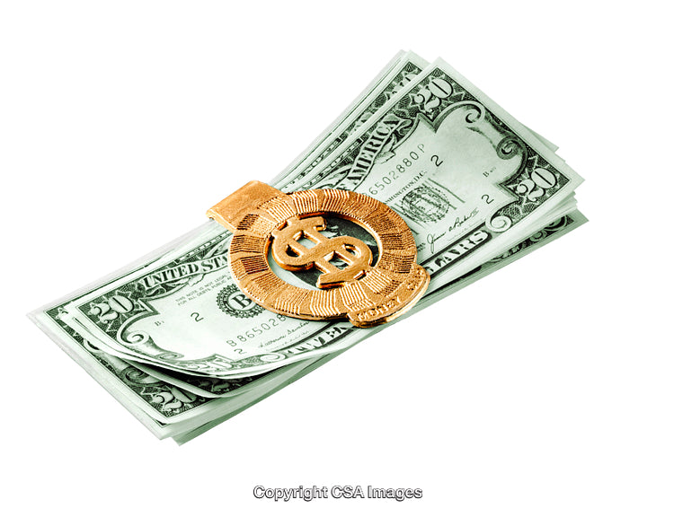Stack of US Dollar Bills Secured with Golden Dollar Symbol Clip