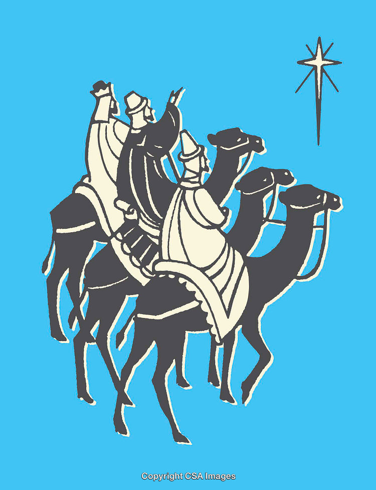 Three Wise Men Journey Following the Star in Color Illustration