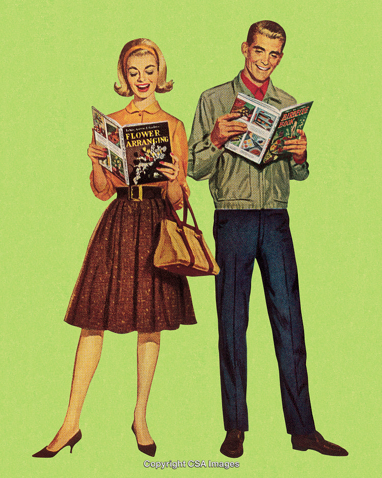 Vintage Illustration of Smiling Individuals Reading Books with a Green Background
