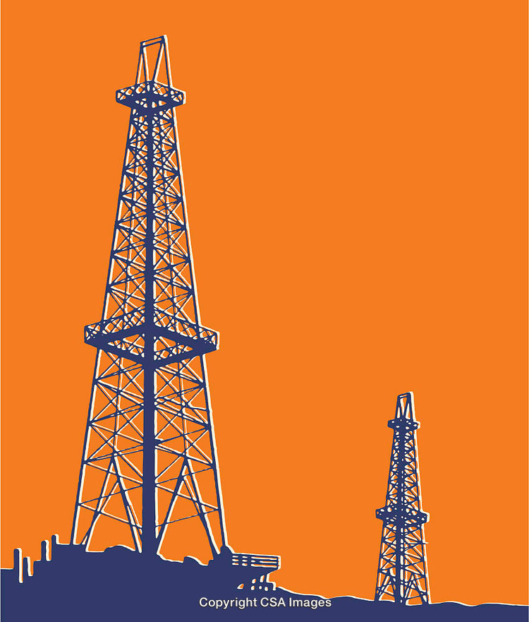 Abstract Orange and Blue Illustration of Oil Pumping Rigs