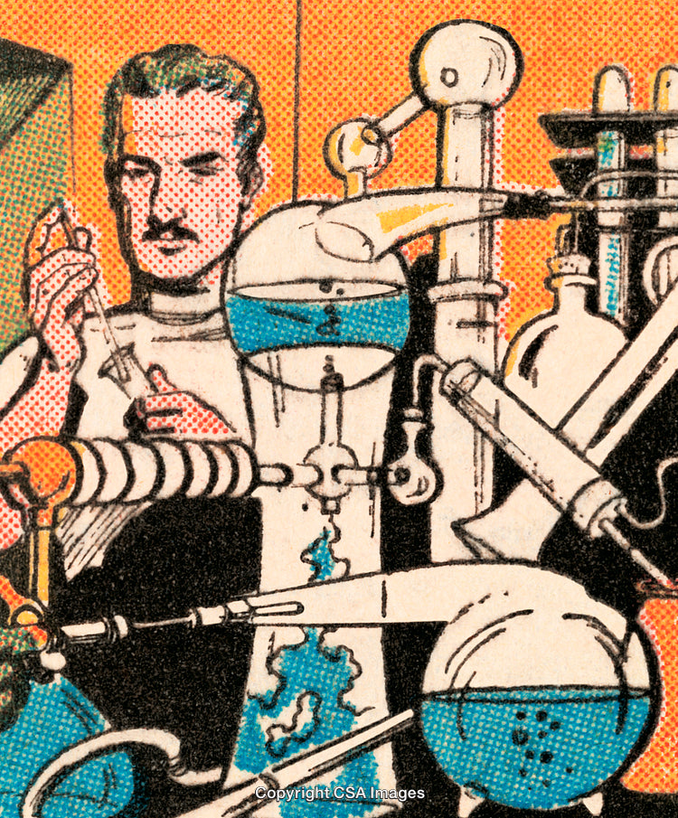 Retro Comic Style Illustration of a Scientist in a Laboratory Setting
