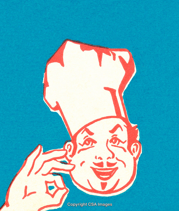 Chef Illustration on Blue Background Showcasing Culinary Gesture