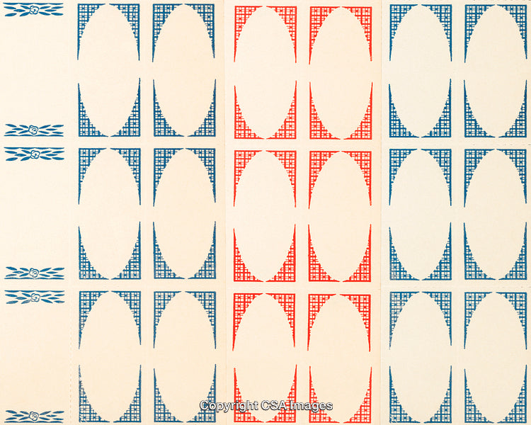 Patterned Blue and Red Graphic Design with Decorative Shapes on Light Background