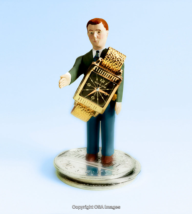 Miniature Figure with Oversized Watch and Coins Depiction Against Blue Background