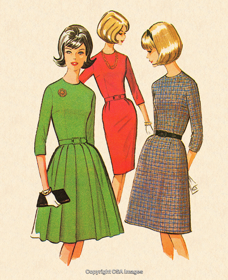 Vintage Fashion Illustration of Women in Stylish 1960s Dresses