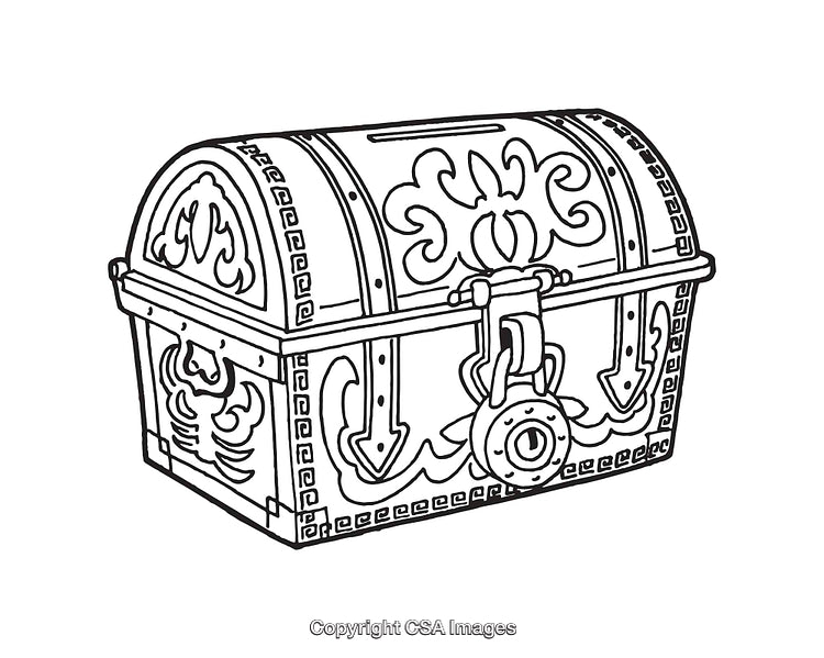 Ornate Treasure Chest Line Art Illustration with Elegant Designs and Lock