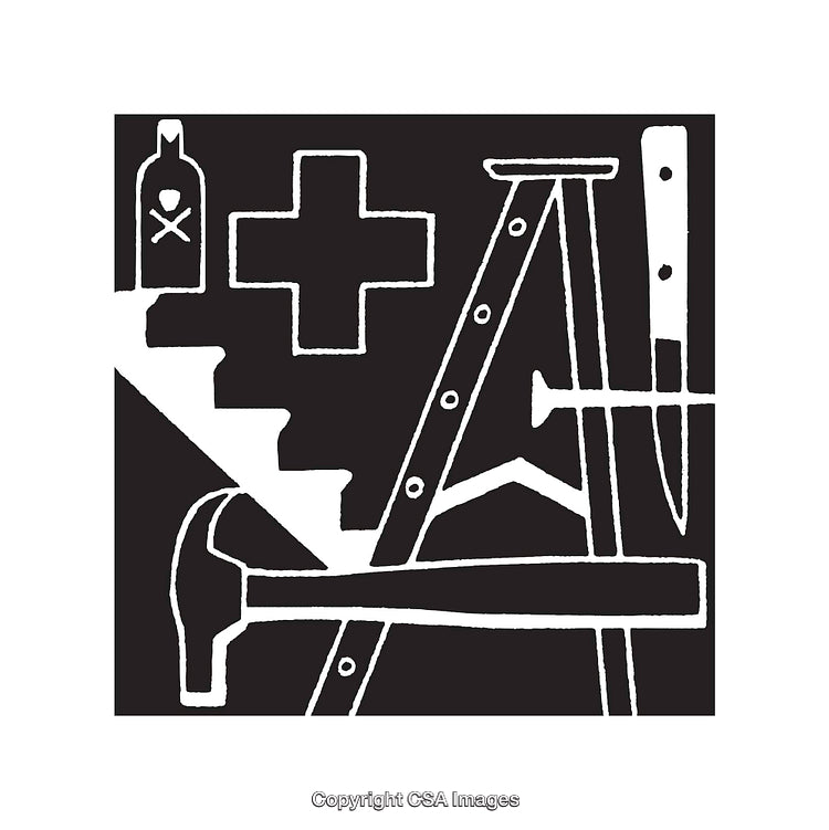 Black and White Icons Featuring Tools and Safety Symbols