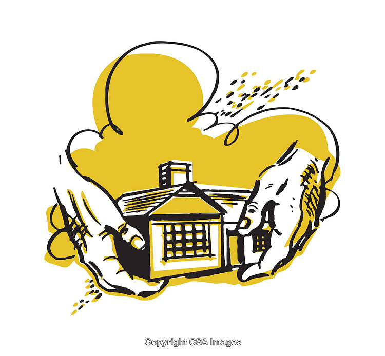 Colorful Illustration of Hands Holding a Small House with Abstract Background