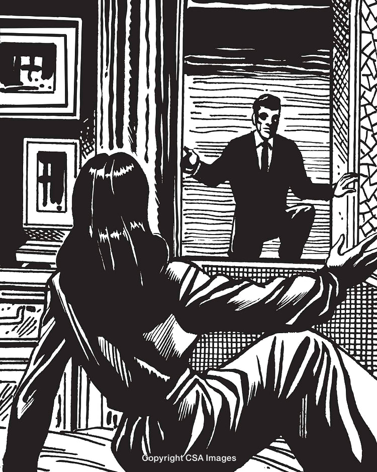 Intriguing Scene in Stylized Black and White Illustration