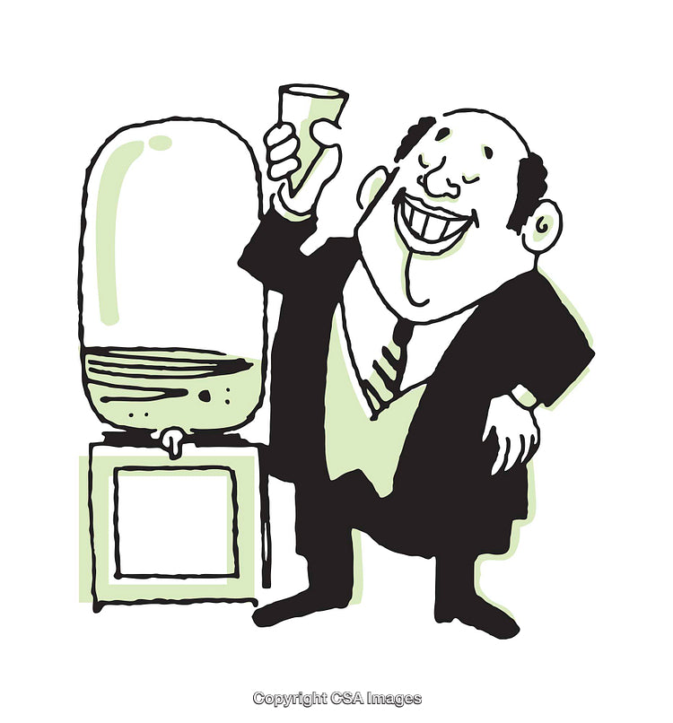 Cheerful Businessman Enjoying a Drink by the Office Water Cooler