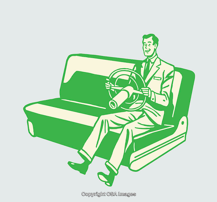 Retro Illustration of Man Driving in Car Seat with Steering Wheel