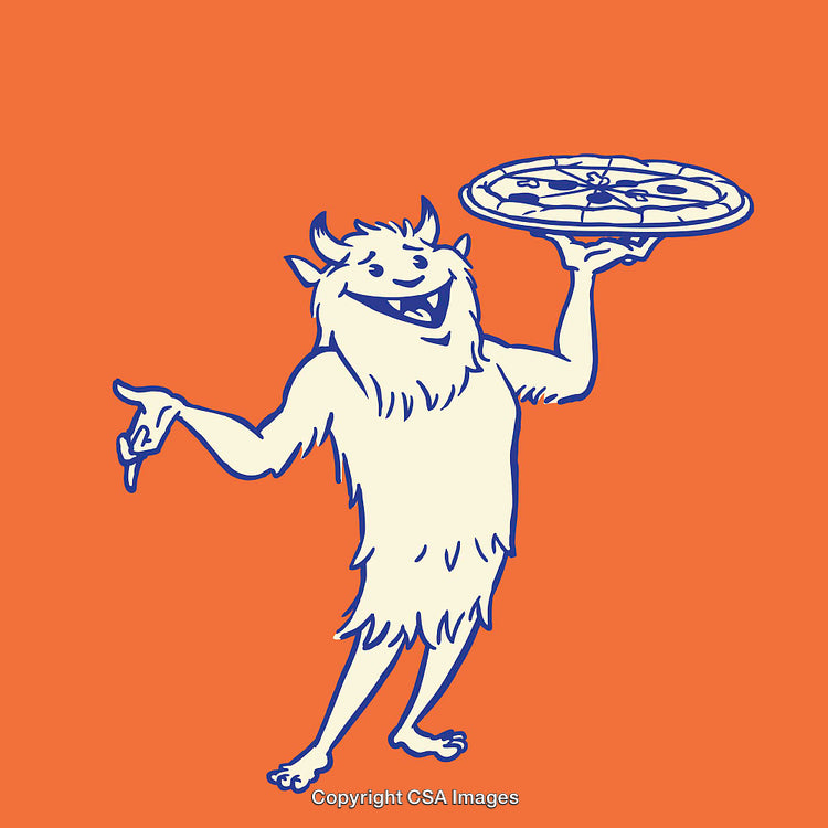 Friendly Cartoon Monster Serving Pizza on Bright Orange Background
