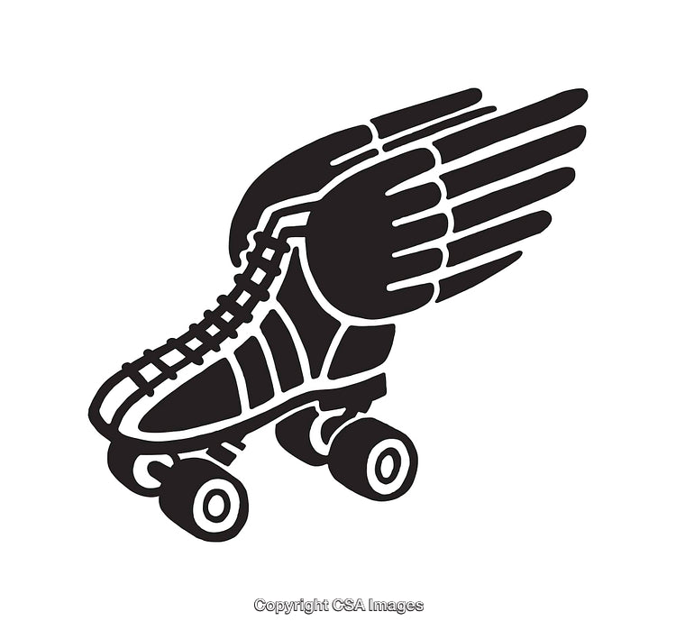 Winged Roller Skate Symbol in Black and White Icon Style
