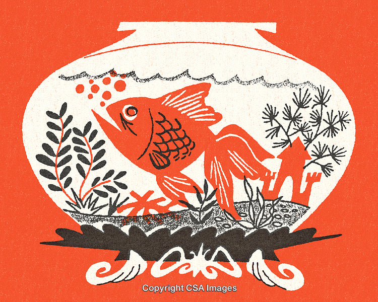 Illustrated Goldfish in a Stylized Aquarium with Decorative Plants and Ornamentation