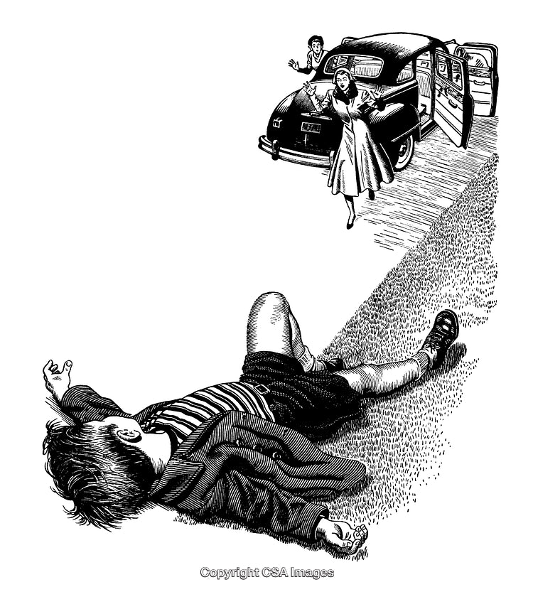 Dramatic Black And White Engraving of Accident with Family Reaction