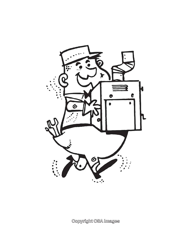Retro Line Art of a Technician Carrying Stove Equipment