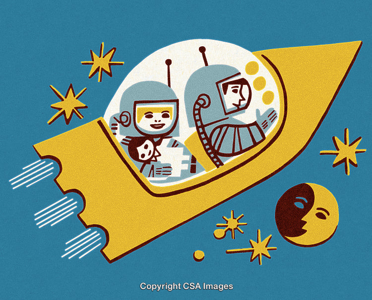 Whimsical Cartoon of Astronauts Exploring Space in a Rocket with a Smiling Moon