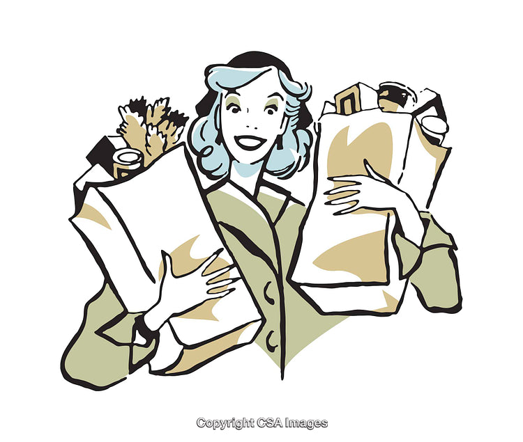 Retro Illustration of Woman Holding Grocery Bags with a Bright Smile