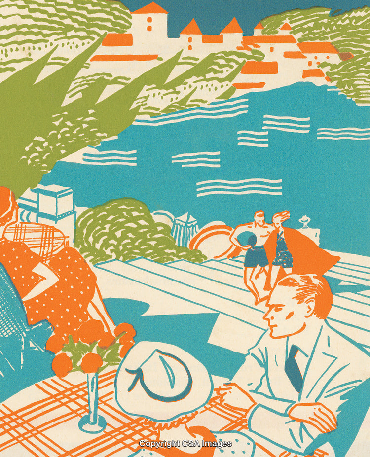Colorful Vintage Illustration of People by a Scenic Lakeside Setting