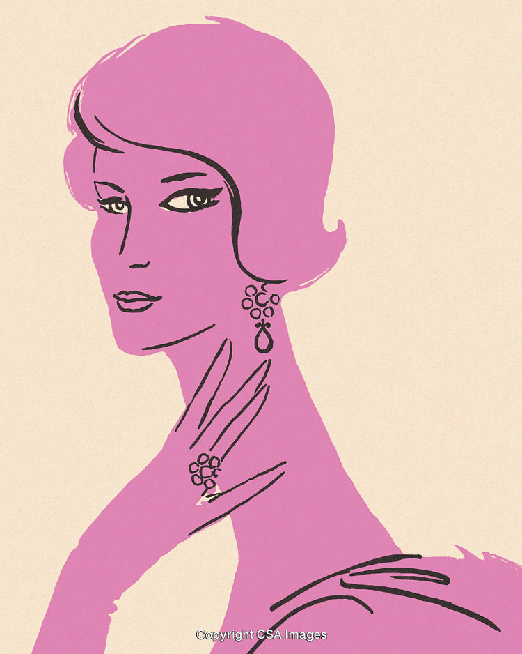 Elegant Illustration of a Woman in Retro Style with Jewelry and Glamour