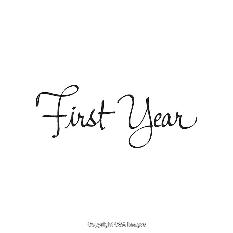 First Year Handwritten Calligraphy Text on a White Background