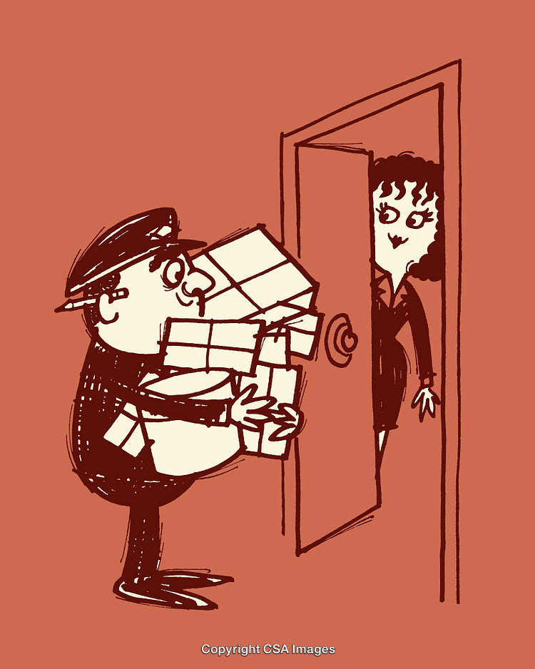 Cartoon Postman Delivering a Stack of Packages to a Woman's Doorstep