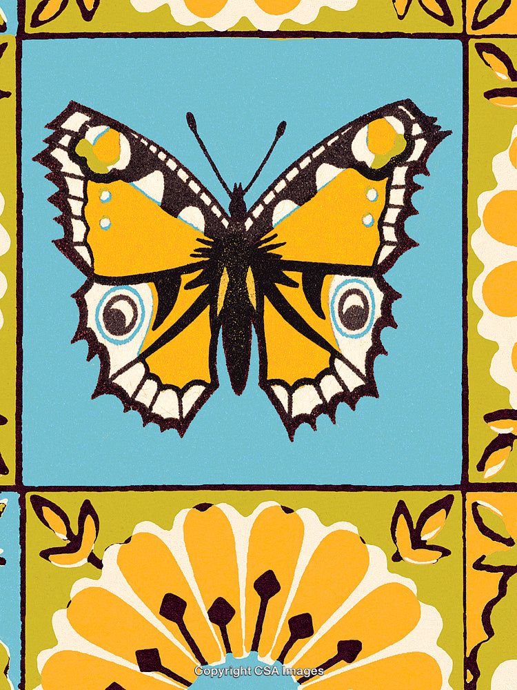Vibrantly Colored Butterfly Illustration with Floral Patterns in Decorative Tile Style