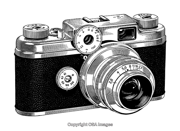 Detailed Black and White Engraving of a Vintage Camera Design