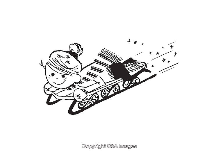 Whimsical Illustration of a Happy Child Sledding Down a Snowy Hill