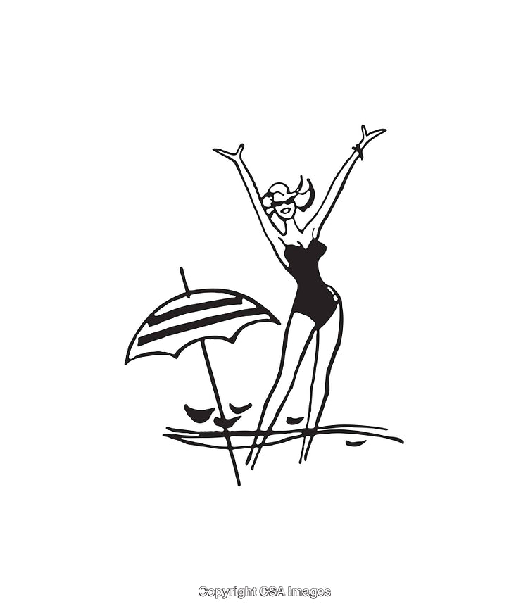 Black and White Line Art of a Woman Enjoying a Beach Day
