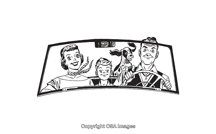 Retro Illustration of Family Driving Together in Vintage Car