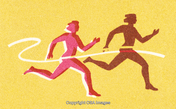 Dynamic Illustration of Two Runners Crossing a Finish Line in Vibrant Colors