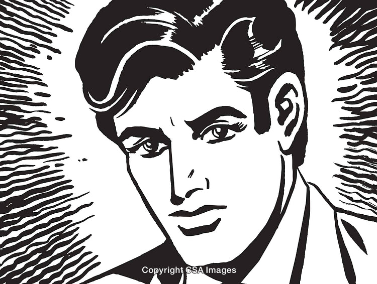 Black and White Illustration of a Stylish Man with Intense Expression