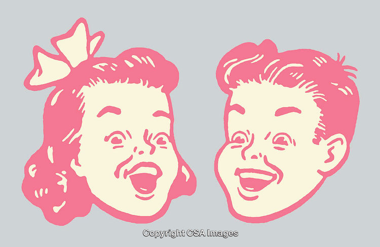 Retro Child Illustrations Featuring Smiling Boy and Girl in Nostalgic Style