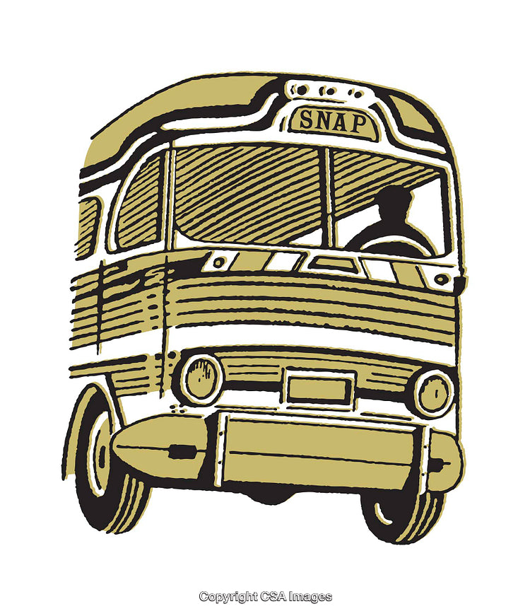 Stylized Illustration of a Retro Bus with Driver in a Vibrant Design