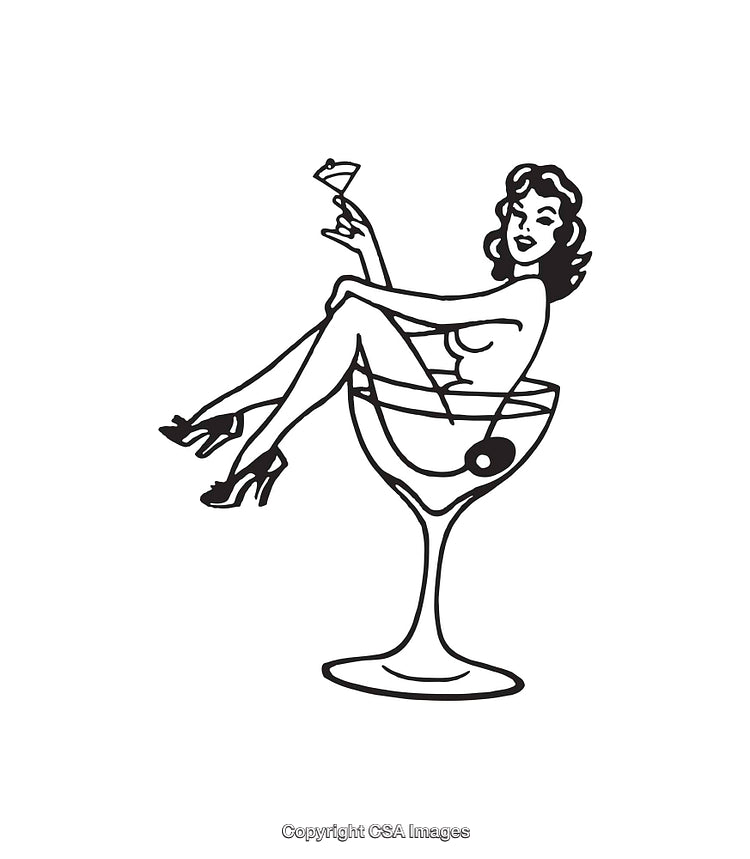 Retro Line Art Illustration of Woman Relaxing in Cocktail Glass