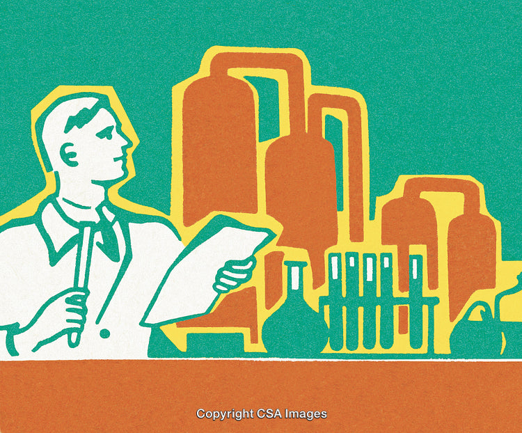 Illustrated Scientist in Laboratory Surrounded by Chemical Equipment and Glassware