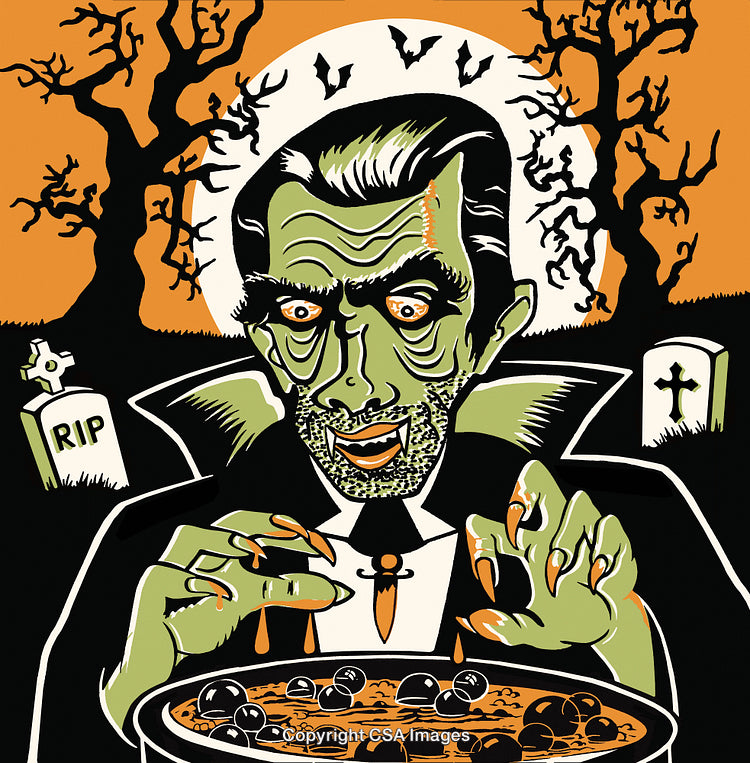 Cartoon Vampire Enjoying a Magic Potion in a Spooky Graveyard Scene