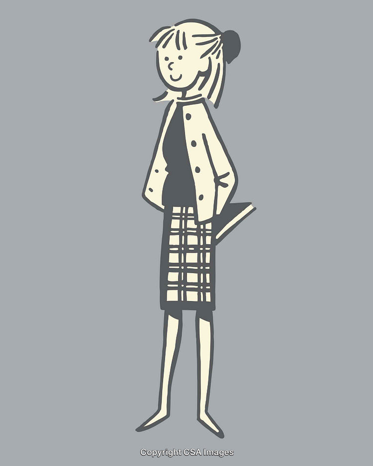 Charming Retro Line Art Illustration of a Woman in Casual Attire