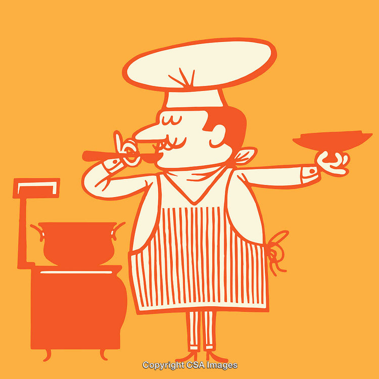 Cartoon Chef Tasting Food While Cooking in Vibrant Color Line Art Illustration